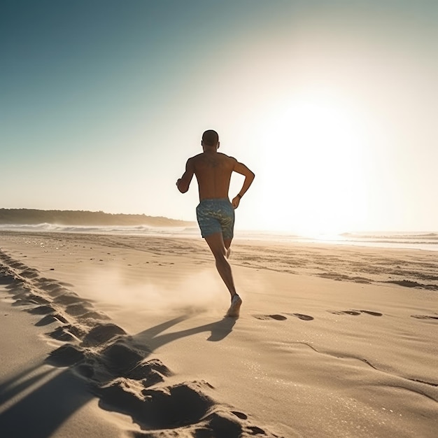 Un homme qui court sur la plage avec le soleil qui brille sur lui