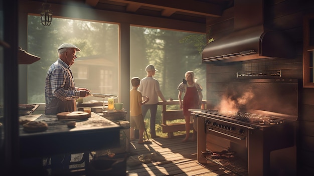 Un homme qui cuisine dans un jardin avec un grill qui dit 'l' dessus