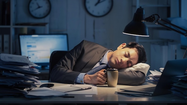 Un homme qui dort au travail.