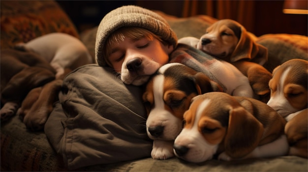 Un homme qui dort avec des chiots sur sa poitrine.