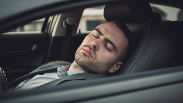 Un homme qui dort dans une voiture les yeux fermés