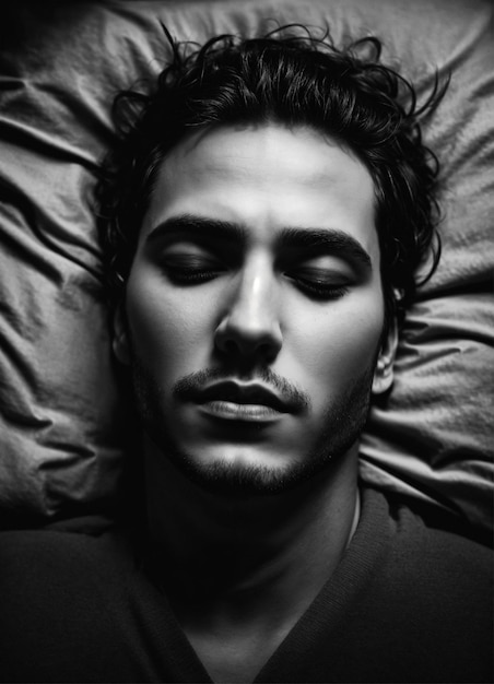 Photo un homme qui dort et rêve avec un visage noir et blanc