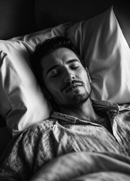 Photo un homme qui dort et rêve avec un visage noir et blanc