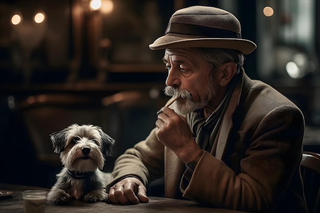 Un homme qui fume une cigarette et un chien regarde la caméra.