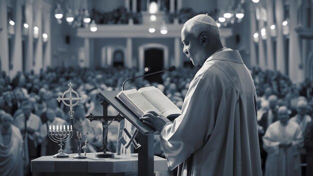 Photo un homme qui lit la bible alors qu'il se tient près du podium