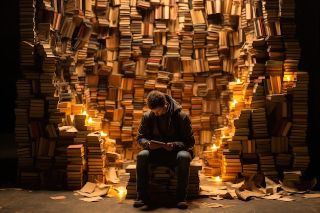 Un homme qui lit des livres entouré de nombreux livres.