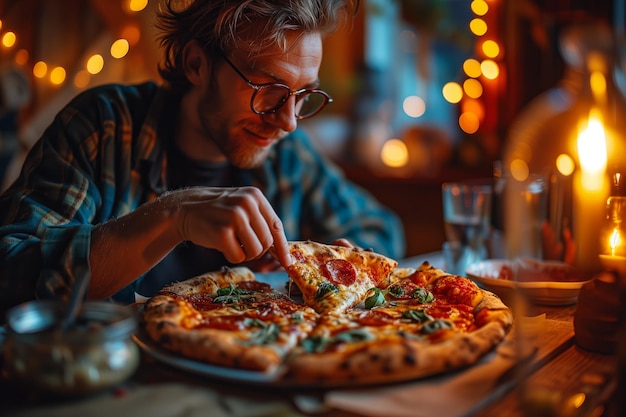 Un homme qui mange de la pizza.