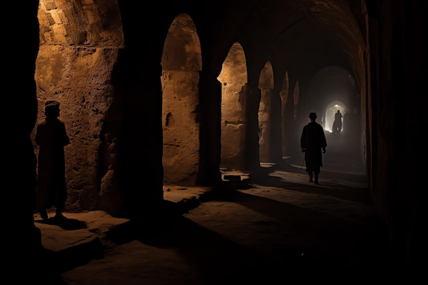 un homme qui marche dans un couloir sombre avec des arches