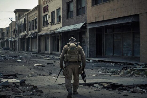 Un homme qui marche dans le désert avec des ruines abandonnées