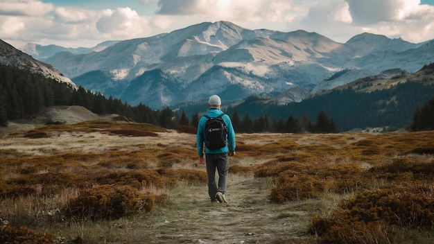 Un homme qui marche dans la montagne