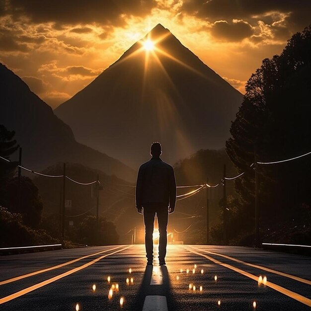 Photo un homme qui marche sur la route avec un coucher de soleil derrière lui