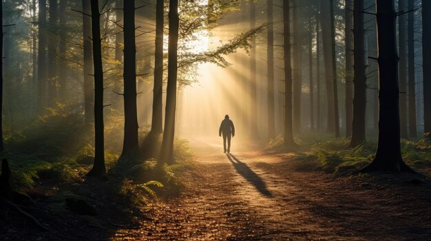 Un homme qui marche seul au milieu de la forêt Photographie