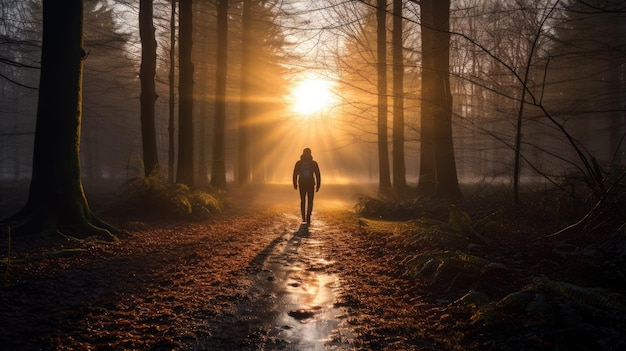 Un homme qui marche seul au milieu de la forêt Photographie