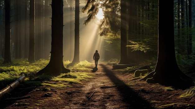 Un homme qui marche seul au milieu de la forêt Photographie