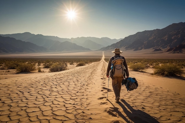 Un homme qui marche seul dans le désert.