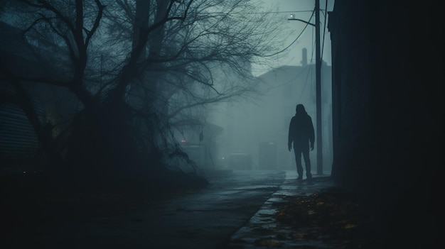 Un homme qui marche seul dans une rue sombre et brumeuse