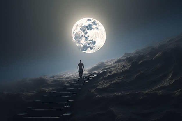 Un homme qui monte les escaliers vers la lune