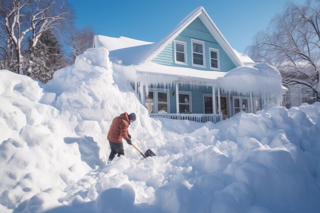 un homme qui nettoie la neige avec une pelle devant la maison une personne qui balaie de la neige