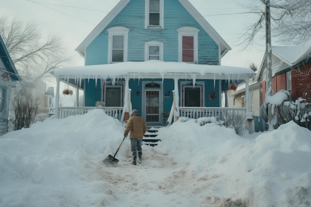 un homme qui nettoie la neige avec une pelle devant la maison une personne qui balaie de la neige