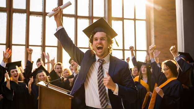 Photo l'homme qui a obtenu son diplôme crie