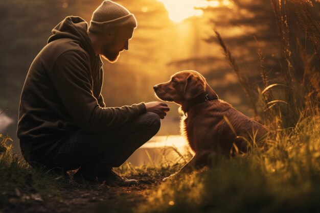 Un homme qui parle à un chien dans un parc.