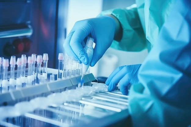 Un homme qui porte des gants chirurgicaux place l'échantillon dans un dispositif de test de diagnostic d'antigène Illustration générative de l'IA