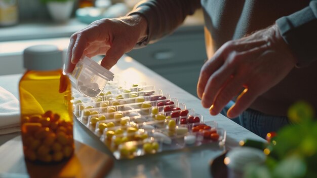 Photo un homme qui prend des vitamines de l'organisateur de pilules hebdomadaires