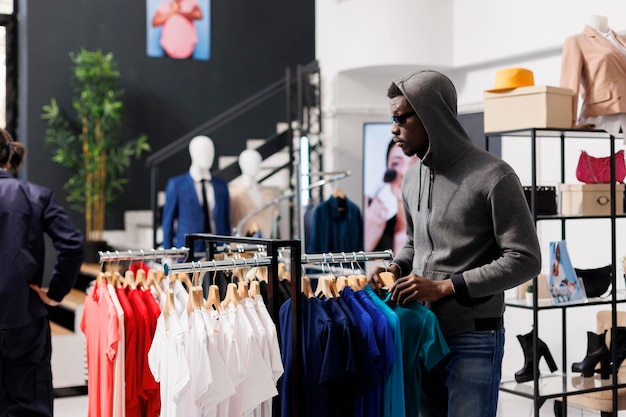 Un homme qui regarde de côté en volant une boutique.