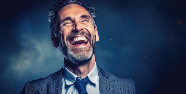 Un homme qui rit avec sa bouche ouverte et sa bouche ouverte.