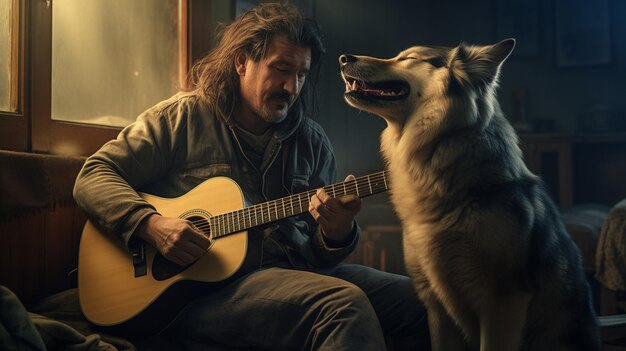 Un homme qui s'entraîne à la guitare avec son chien qui hurle