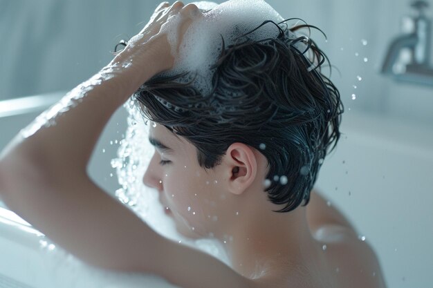 un homme qui se lave les cheveux