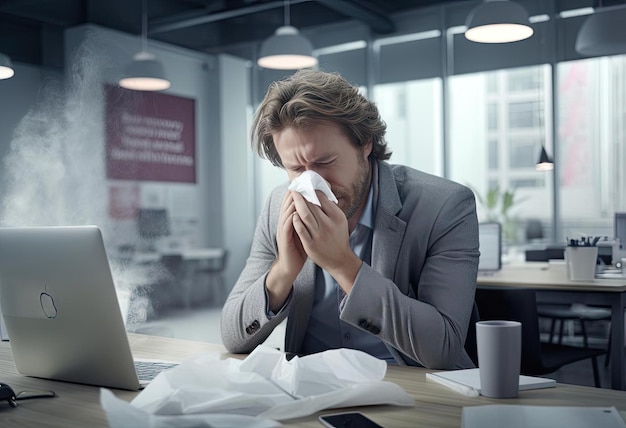 un homme qui se souffle le nez au bureau dans le style de Weathercore