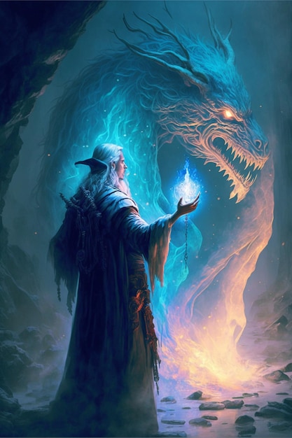 Homme qui se tient devant un dragon ai génératif