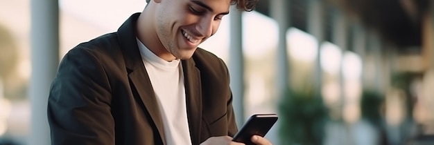 Un homme qui sourit et regarde son téléphone.