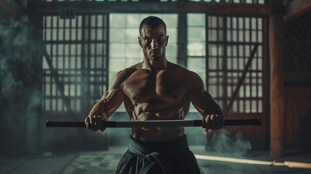 Photo un homme qui tient un bar dans un dojo d'arts martiaux