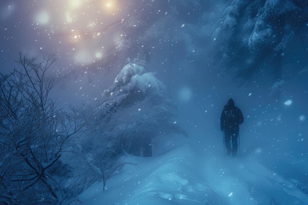 L'homme qui traverse la tempête fait face à la colère des tempêtes de neige