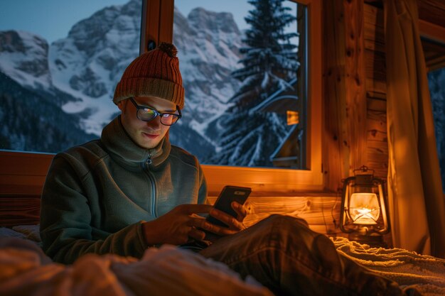 Un homme qui utilise un smartphone dans une cabane de montagne confortable
