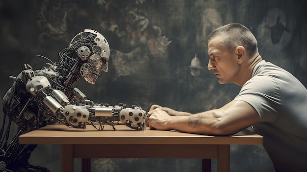 Homme de race blanche contre robot sont assis à la table en face de se regarder vue de côté neural
