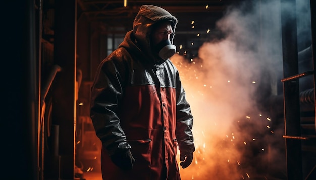 Homme de race blanche en vêtements de travail de protection soudant du métal à l'extérieur généré par l'IA