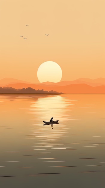 Un homme rame un bateau sur un lac au coucher du soleil.