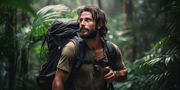 homme en randonnée dans la jungle avec sac à dos dans le style de la réflexion