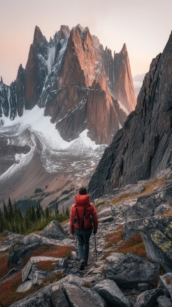 Un homme en randonnée dans les montagnes avec une belle vue sur le paysage montagneux