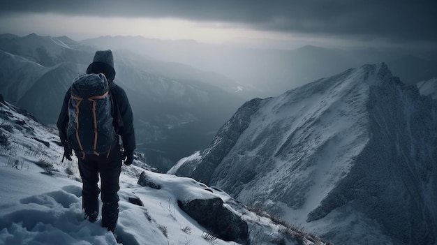 Homme de randonnée dans un sac à dos dans la montagne Generative Ai