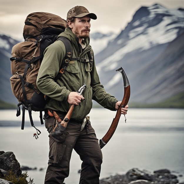 Photo homme de randonnée avec un lourd sac à dos sur ses épaules photo d'image debout devant les montagnes