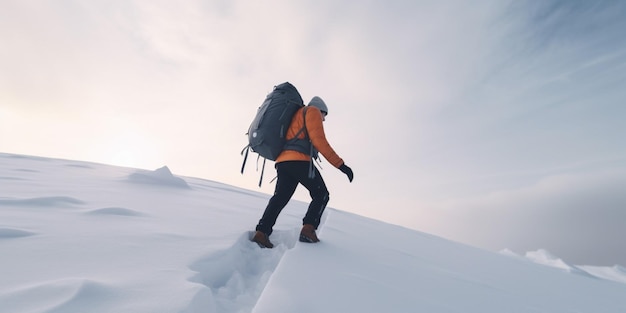 Un homme en randonnée sur une montagne enneigée avec un grand sac à dos.