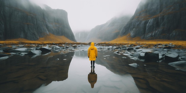 Homme randonnée en montagne voyage nature cap paysage d'eau arrière lac jaune IA générative