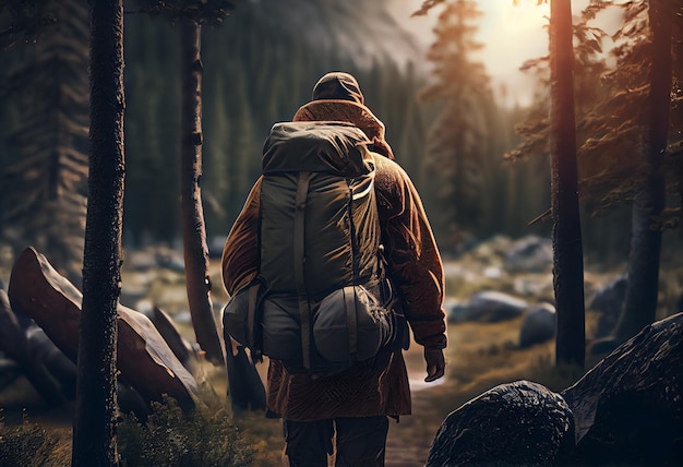 Homme de randonnée avec sac à dos et tente dans les montagnes ai générative