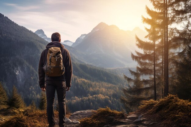 Homme randonneur en forêt avec des montagnes à l'horizon