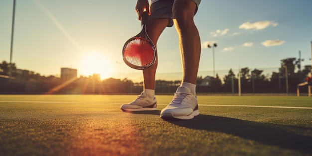 Homme avec une raquette de paddle-ball et une chaussure sur le terrain vert pendant l'entraînement au coucher du soleil