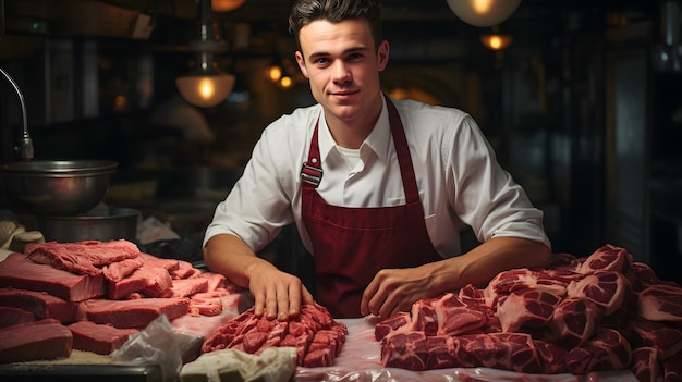 un homme rasé dans une boucherie coupant de la viande sur une table IA générative